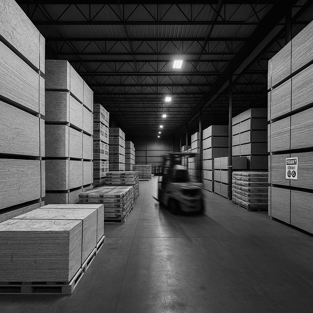 Imipolex warehouse storing construction materials including OSB sheets and shingle pallets